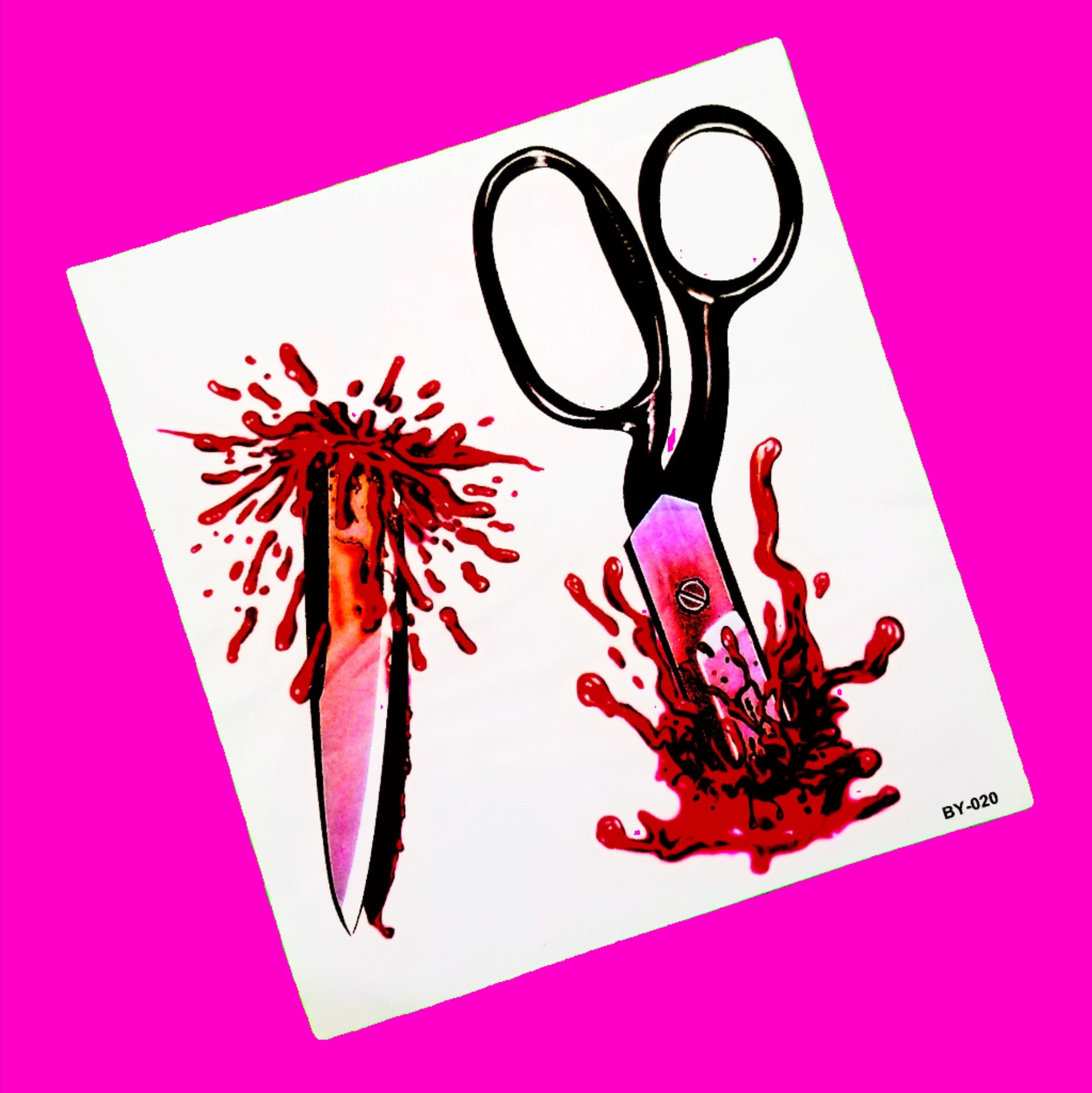 Scissor Stabbing Actual Size HUGE Bright Red Horror Halloween Inspired Gore Factor Color Large Sheet Temporary Tattoo