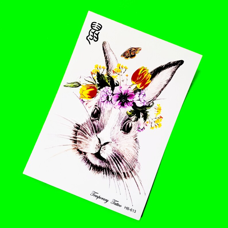 Princess Buttercup Rabbit Queen Flower Crown Tulips and Forest Meadow Blooms Bunny Beauty Full Color Large Sheet Temporary Tattoo image 1