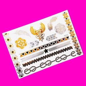 Tribal Dragons Feathers Arrows Rope and Knots Armbands Tribal Geometric Boho Metallic Silver and Gold Large Mix Sheet Temporary Tattoo