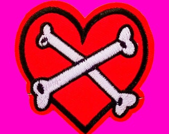 Bones of Love Red Heart and Crossbones Punk Psychobilly Kitsch Embroidered Canvas Iron or Sew On Patch