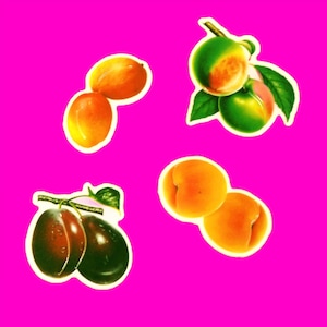 Obstschale Medley Ananas Kirschen Banane Trauben Melonen Beere Süßes Essen Super Retro Vintage 1980er Jahre Big Puffy Sticker Set – Weitere Stile