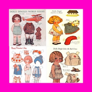 Juego de cuatro tarjetas postales con diseño de muñecas de papel retro, lindas y recortadas, de Dolly Dingle, con diseño de piloto, enfermera, artista y pintora.