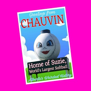 Chauvin, Alberta, Canada, Suzie, la plus grande statue de softball du monde, une attraction touristique souvenir exclusive, carte postale authentique, crâne rose, courrier postal