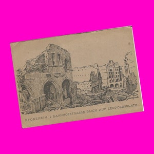Duitsland Europa Pforzheim Leopold Square WWII bombardementen ruïnes Bahnhofstrasse Bekijk collectible postaal ongebruikte Vintage B&W geïllustreerde print