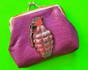 Pull the Pin Coin Purse Big Bombin Grenade Purple Luxe Leather Punk Perfect Silver Kisslock Clasp Pouch