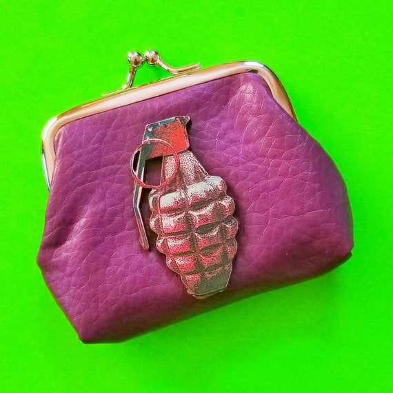 Pull the Pin Coin Purse Big Bombin Grenade Purple Luxe Leather 