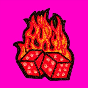 Flaming Dice Traditional Tattoo Flash Style Gambler Player Red Shimmer Rockabilly Psychobilly Punk Fully Embroidered Iron or Sew on Patch