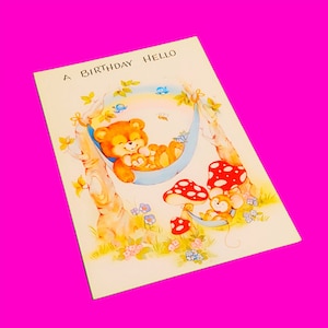 Vintage 1970s super retro feliz aniversário kitsch kraft crianças bonito floresta amigos doces animais cartão estacionário