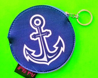 SECONDS SALE Anchors Aweigh Bright Blue Rockabella Beauty Coin Purse Nautical Bonded Vinyl Zippered Pouch - Flawed Fabric Deeply Discounted