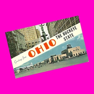 Carte postale vintage des années 1960 de l'Ohio, place de la fontaine de Cincinnati, tour de l'aéroport de Cleveland Hopkins, époque photochrome de l'aviation postale non utilisée