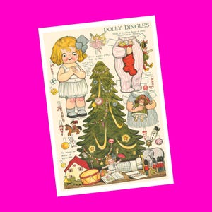 Dolly Dingle rétro mignonnes poupées en papier découpées astucieusement bas de Noël vacances arbre habiller authentique carte postale rose