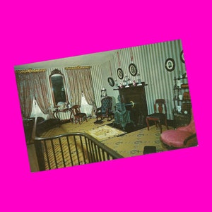 Cartolina d'epoca Illinois anni '50 Springfield Abraham Lincoln Home Front Parlour Designs Historic United States Photochrome Postalmente inutilizzata