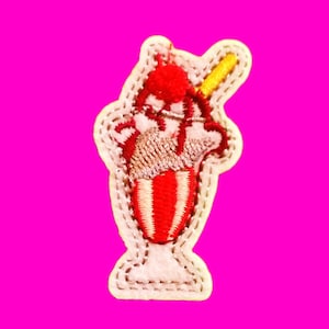 Ice Cream Sundae Super 80s Retro Pink  Cherry Summer Treat Kyuuto Kawaii Fully Embroidered Iron or Sew On Patch - More Styles
