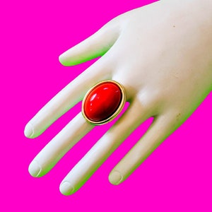 OOAK Retro Red and Gold Geometric Oval Mod Kitsch Glossy Adjustable Vintage Charm Cocktail Ring