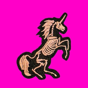 Unicorn Skeleton Bucking Beauty Day of the Dead Black White Shimmer Punk Punx Retro Kitsch Fully Embroidered Iron or Sew on Patch