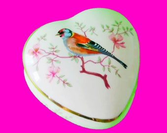 Goldfinch Palissy Royale Collection Royal Worcester England Bird on Blossom Branch Floral Pattern Heart Curio Trinket Box Vintage 1990s