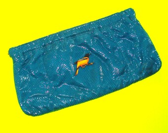 Baltimore Oriole Grossbeak Bird Deep Turquoise Faux Snakeskin Blue Rockabella Vintage Refurbished One of a Kind Handbag Large Clutch Purse