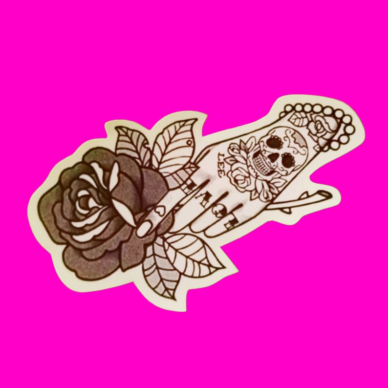 BACK IN STOCK Rose in Hand Traditional Old School Tattoo Flash Black and Greyscale Rockabilly Retro Glossy Vinyl Sticker image 1