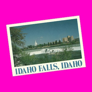 Carte postale vintage des années 1990 aux chutes de l'Idaho, cascade de la rivière Snake, église du temple mormon, vue panoramique de la nature, époque photochrome non utilisé