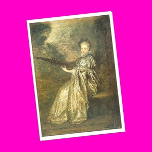 vintage des années 1980 carte postale Antoine Watteau Louvre Art Card La Finette le musicien délicat impression artiste français époque photochrome postalement non utilisé