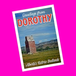 Dorothy, Alberta, Canada, silo à grain de Drumheller, pittoresque prairie, icônes, souvenir touristique, exclusivité, courrier postal, carte postale authentique, crâne rose