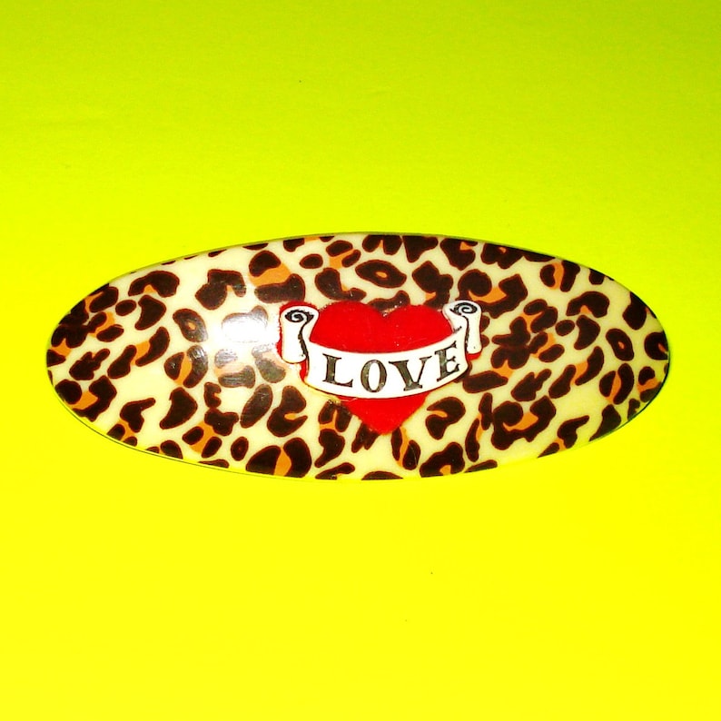 LAST ONE Leopard Print and Red Tattoo Heart Banner Rockabilly Pinup Jewelry Hair Clip