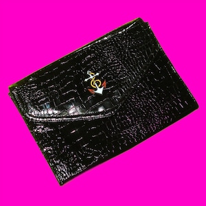 Bold Anchor Glossy Black Faux Alligator Patent Leather Rockabella Vintage Refurbished Sustainable Handbag Large Clutch Purse