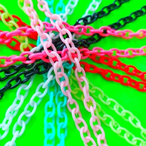 Chain 80s Repop Plastic Colourful Charm Necklace Choker Bracelet Lengths *NEW* Clip Bell Pendant Trinket Nostalgia Fun  - Many Colours