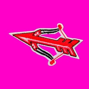 Red Arrow Drawn Bow Cupid Pointing Here Get It This Way Fully Embroidered Iron or Sew On Patch - More Styles