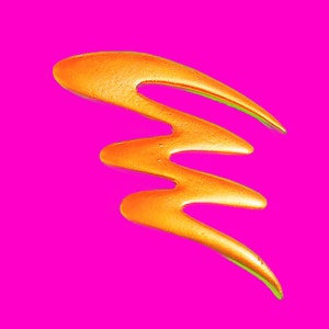 Op de afbeelding: Een feloranje abstract ontwerp met een golvende, vloeiende vorm op een magenta achtergrond.