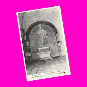 Carte postale de Floride des années 1950, Miami ancien monastère espagnol Statue Alphonse VII RPPC vraie photo carte postale photo non utilisée