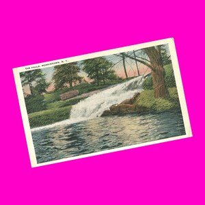 Carte postale vintage des années 1910 à New York, chutes de Morristown, cascade River Park, vue pittoresque sur la nature, bordure blanche colorée à la main, cachet de la poste