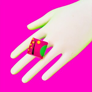 Totally Rad Purple Square Fun Mod - Polka Dot Vintage Charm Retro Kitsch Pink Skull Adjustable Ring