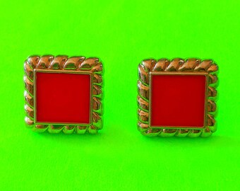 Vintage 1980s Perfect Pink and Silver Framed Square Button Rad and Retro Kitsch Pierced Post Style Backs Shaped Resin Earrings