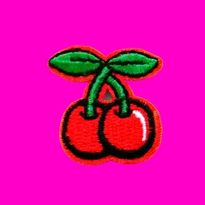 BACK IN STOCK Twin Cherries Cerise Fully Embroidered Cherry Red and Green Iron or Sew On Patch More Styles Green Stem