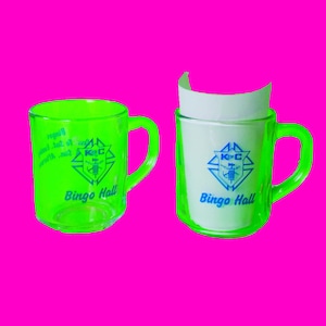 Bingo Hall Knights of Columbus Retro Vintage Chic Kitschy Kitchen Clear Arcoroc France Coffee Mugs Set of Two