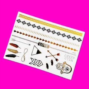 LOVE Feathers Arrows Armbands Wild Heart Tribal Geometric Boho Metallic Silver and Gold Large Mix Sheet Temporary Tattoo