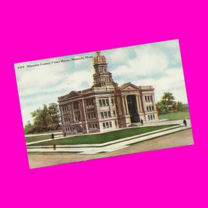 Carte postale vintage des années 1910 du Montana, palais de justice du comté de Missoula, architecture du bâtiment du gouvernement, époque divisée, cachet de la poste
