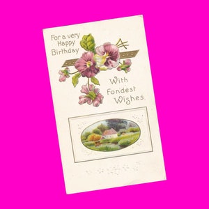 Carte postale vintage des années 1900, joyeux anniversaire avec les plus chers voeux, jolies pensées violettes, carte de scène de campagne, dos divisé, époque postale non utilisée