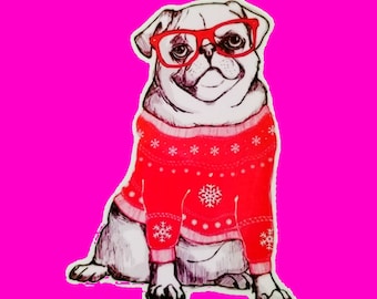 Sally Jesse Raphaepug Pug in a Red Christmas Sweater Glasses Cute Fur Friend Glossy Waterproof Vinyl Sticker