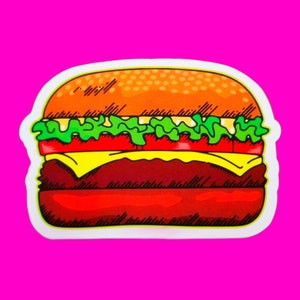 Puede incluir: Una ilustración de dibujos animados de una hamburguesa con un pan de semillas de sésamo, lechuga, tomate, queso y una hamburguesa de carne. La hamburguesa está dibujada en un estilo brillante y colorido.