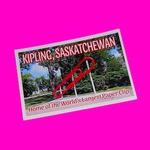 Kipling Saskatchewan World's Largest Paper Clip SK Canada Tourist Souvenir Roadside Attraction Big Things Authentic Pink Skull Postcard