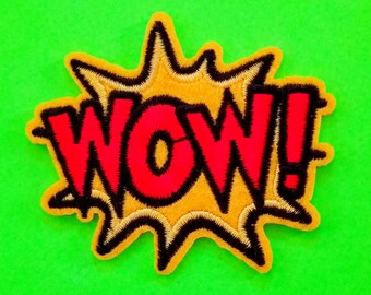 WoW Cartoon Exclamation Speech Bubble Nerdy Kitsch Red and Yellow Pop Art SciFi Character Jacket Embroidered Iron or Sew On Patch