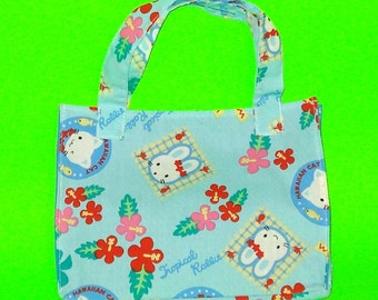 LAST ONE! Kitty Hula Blue Hawaiian Cat and Tropical Rabbit Hello Kitschy Kawall Hawaii Printed Purse Handbag