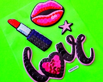 POP Art Stickah Sequin Style Lipstick Love BIg Lips Mwah Weirdly Wonderful Diecut Colourful Puffy Vinyl Sticker Sheet Set