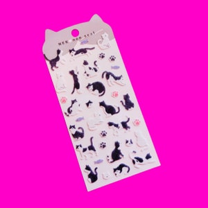 Cat Kitten Fuzzy Sticker Sheet Black Tuxedo Calico Tabby Shan Le Brand Deco PVC Backing Super Sweet Meow Scrapbook Journal Crafting Supply