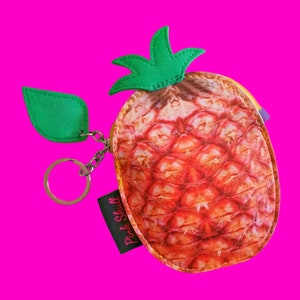 Süßes Obstsalat-Ananas-Scheiben-Retro-Kitsch-Reißverschluss-Beutel-Portemonnaie, geklebtes Vinyl-Foto, echte Geldbörse