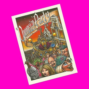Cartolina vintage anni '90 Queensize Party People Parade Wild Collage Cartoon Boomerang Art Card Photochrome Era Postalmente inutilizzato