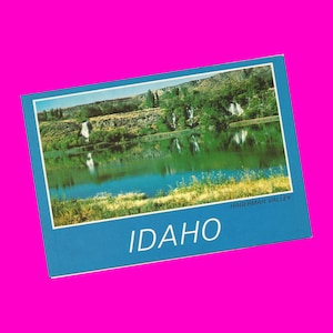 Carte postale vintage des années 1980 dans l'Idaho, vallée de la Hagerman, canyon de la rivière Snake, parc de l'île de Ritter, camping paradisiaque sur la route, voyage amusant, courrier postal non utilisé