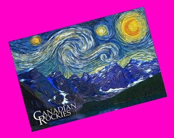 Lantern Press Canadian Rocky Mountains Starry Night Canada Rockies Scenic Van Gogh Exclusive Style Pen Pal Snail Mail Authentic Postcard NEW